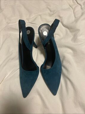 Pointed-Toe Teal Suede Slingback Heels